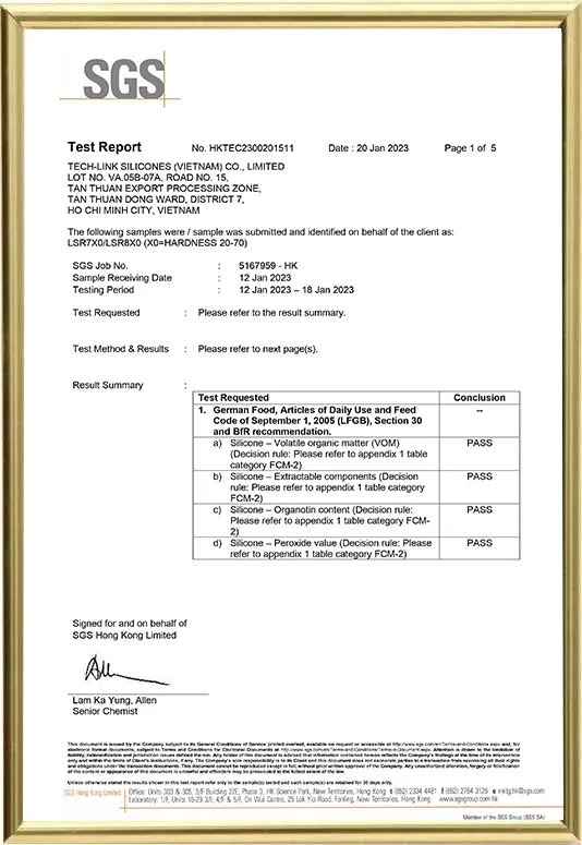 Liquid Silicone Rubber products passed LFGB test, certified by SGS - Tech-Link Silicones